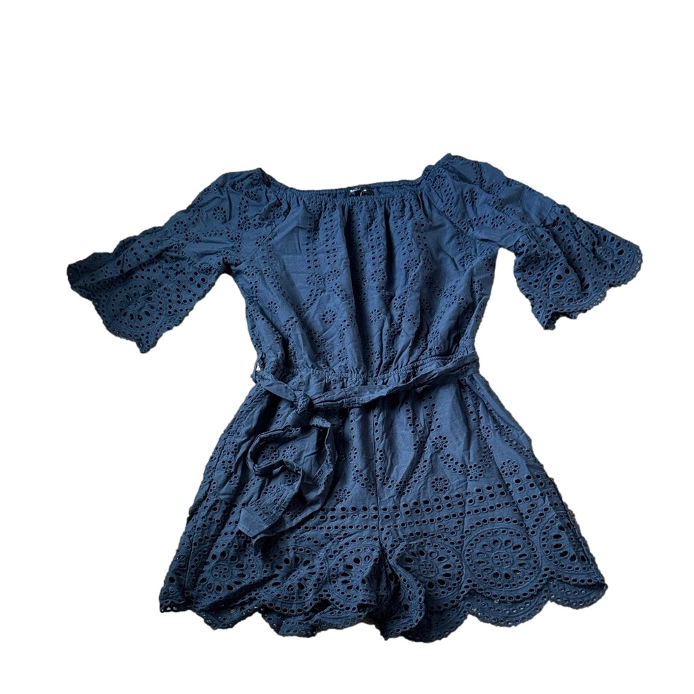 Sperry Navy Eyelet Lace Off Shoulder Bell Sleeve Tie Waist Romper SIZE M